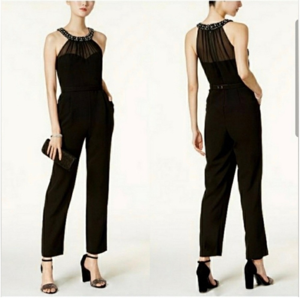 Vince Camuto Embellished Halter‎ Jumpsuit Womens Black Sz 2 Glam Luxe Coctail